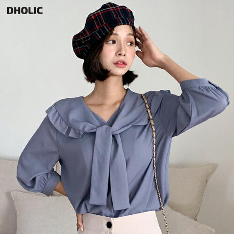 フリルビッグカラーリボンブラウス・全3色・b64710 レディース 【bl】韓国 ファッション トップス ブラウス 長袖 大人 フリル ビッグカラー リボンブラウス リボン ゆったり シンプル 上品 フェミニン カジュアル 秋 春