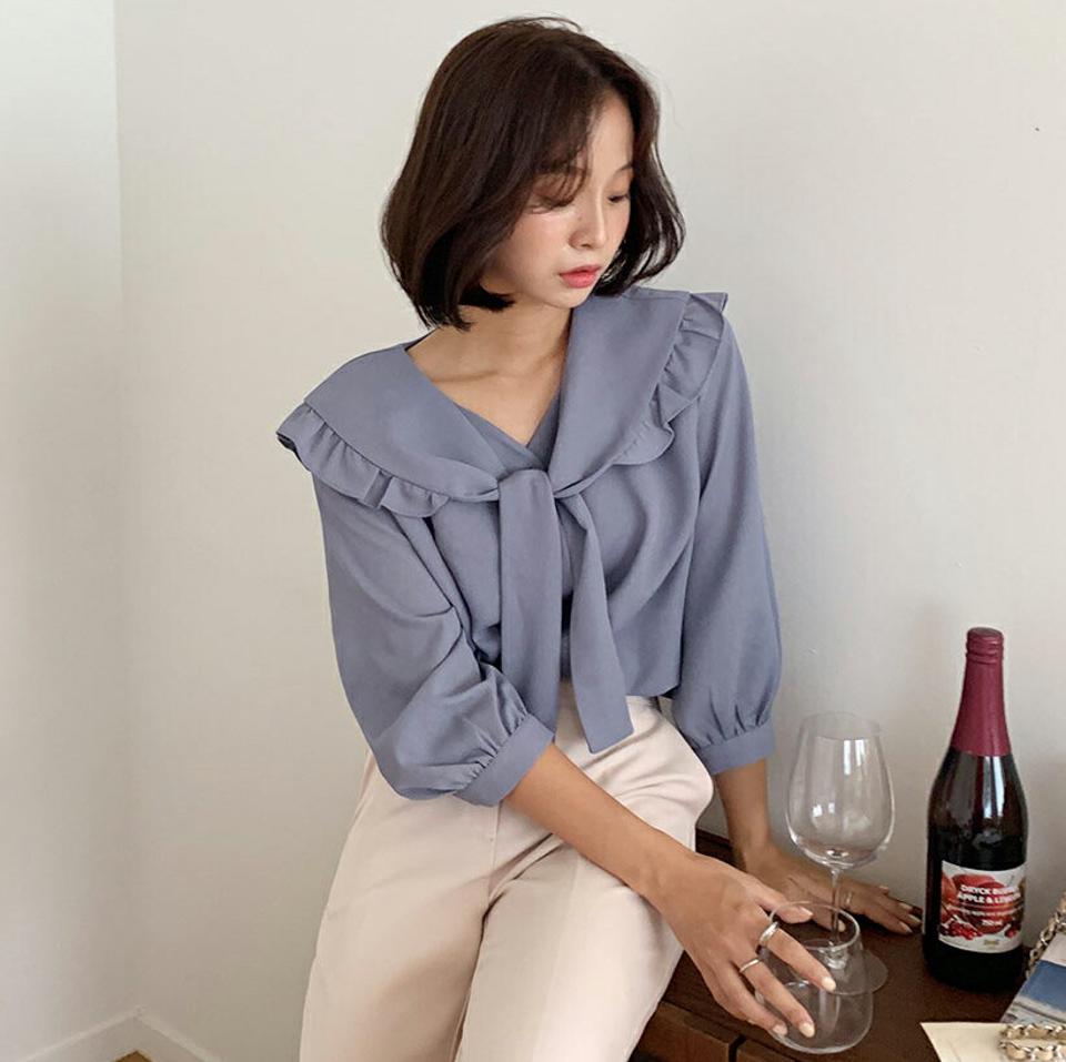 フリルビッグカラーリボンブラウス・全3色・b64710 レディース 【bl】韓国 ファッション トップス ブラウス 長袖 大人 フリル ビッグカラー リボンブラウス リボン ゆったり シンプル 上品 フェミニン カジュアル 秋 春
