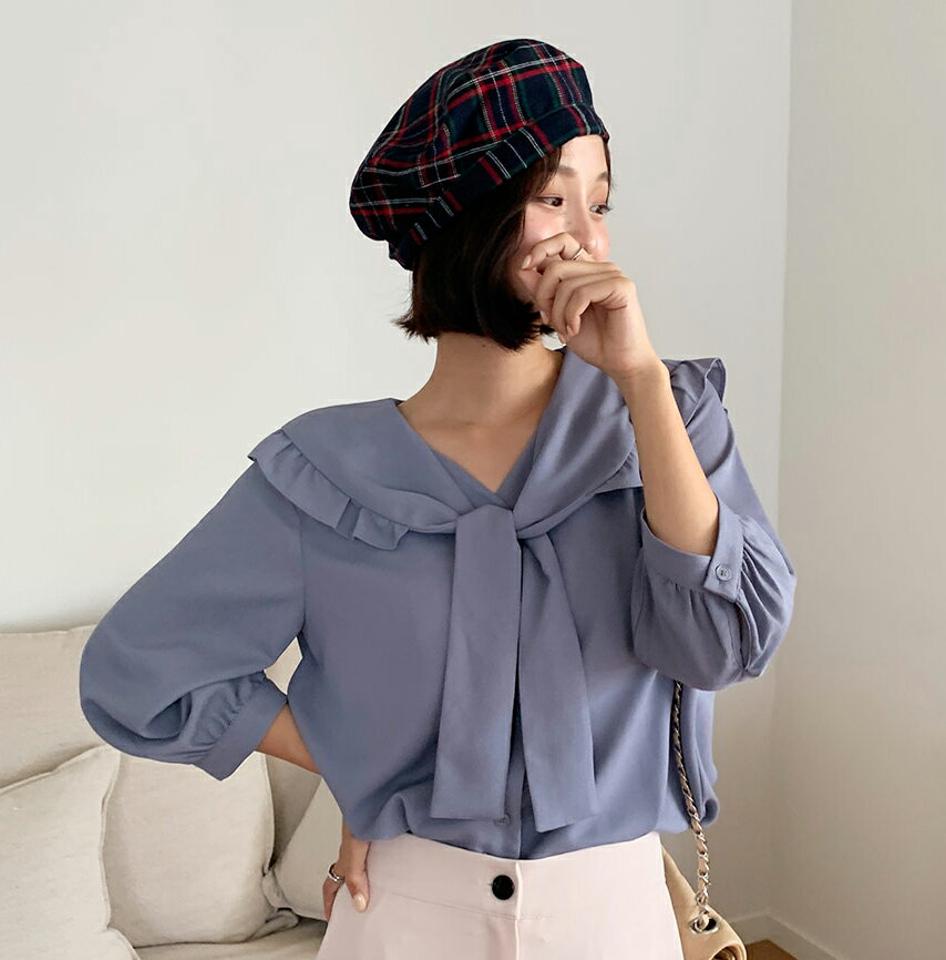 フリルビッグカラーリボンブラウス・全3色・b64710 レディース 【bl】韓国 ファッション トップス ブラウス 長袖 大人 フリル ビッグカラー リボンブラウス リボン ゆったり シンプル 上品 フェミニン カジュアル 秋 春