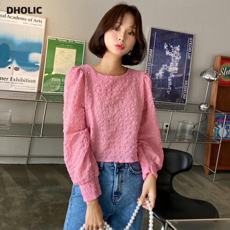 リンクルラウンドネックブラウス・全4色・t64709 レディース 【bl】韓国ファッション トップス ブラウス 長袖 大人 リンクルブラウス ラウンドネック カラーアイテム ステッチライン クロップド丈 ゆったり シンプル 上品 フェミニン 秋 春