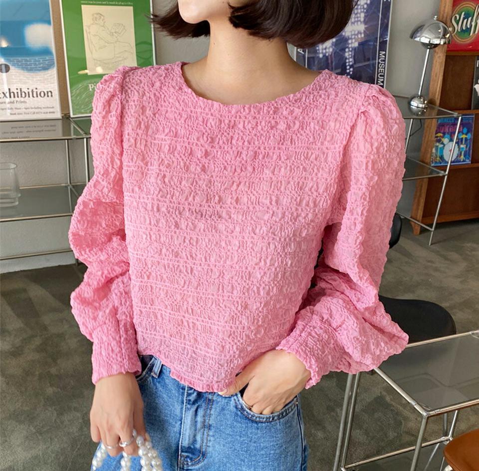 リンクルラウンドネックブラウス・全4色・t64709 レディース 【bl】韓国ファッション トップス ブラウス 長袖 大人 リンクルブラウス ラウンドネック カラーアイテム ステッチライン クロップド丈 ゆったり シンプル 上品 フェミニン 秋 春