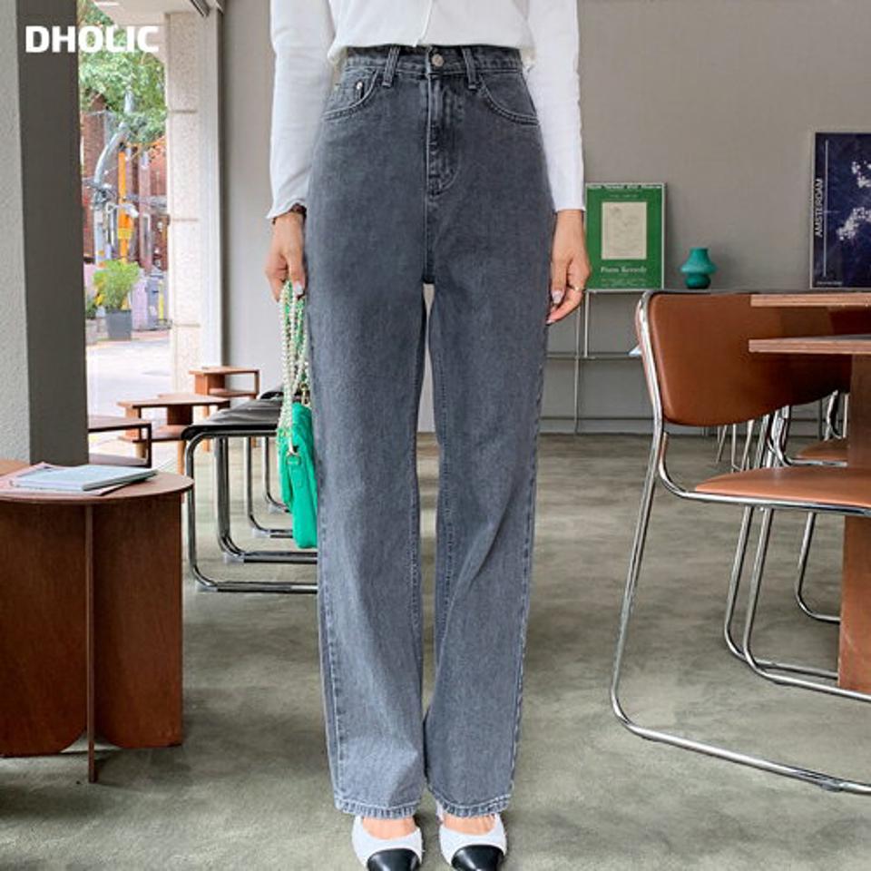 ハイウエストストレートデニムパンツ・全2色・t64701 レディース 【pt】韓国ファッション ボトムス ロング ロングパンツ デニム ストレート ハイウエスト デイリー ワイド ボタン コインポケット 体型もカバー 美脚 足長 着痩せ シンプル 秋 春