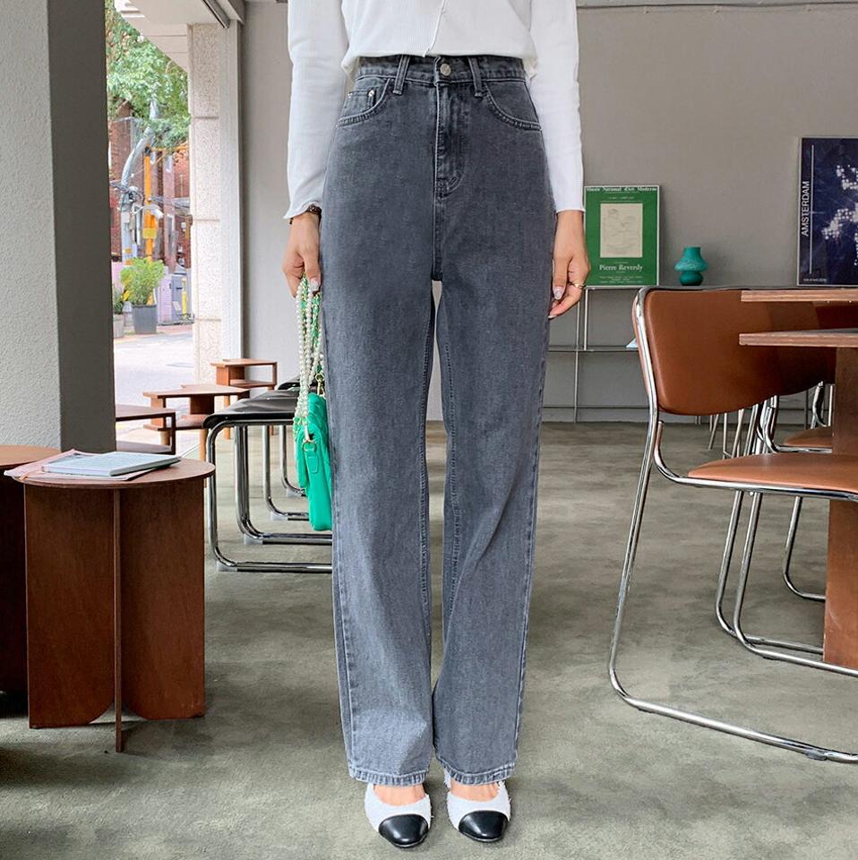 ハイウエストストレートデニムパンツ・全2色・t64701 レディース 【pt】韓国ファッション ボトムス ロング ロングパンツ デニム ストレート ハイウエスト デイリー ワイド ボタン コインポケット 体型もカバー 美脚 足長 着痩せ シンプル 秋 春