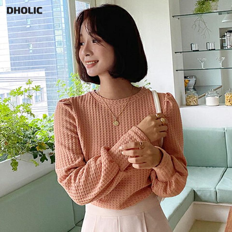 ワッフルパフスリーブTシャツ・全5色・t58022 レディース 【tops】韓国ファッション トップス Tシャツ 長袖 ラウンドネック シンプル スリム フィット ワッフル パフスリーブ ガーリー デイリー 体型カバー 細身 フェミニン 秋 春
