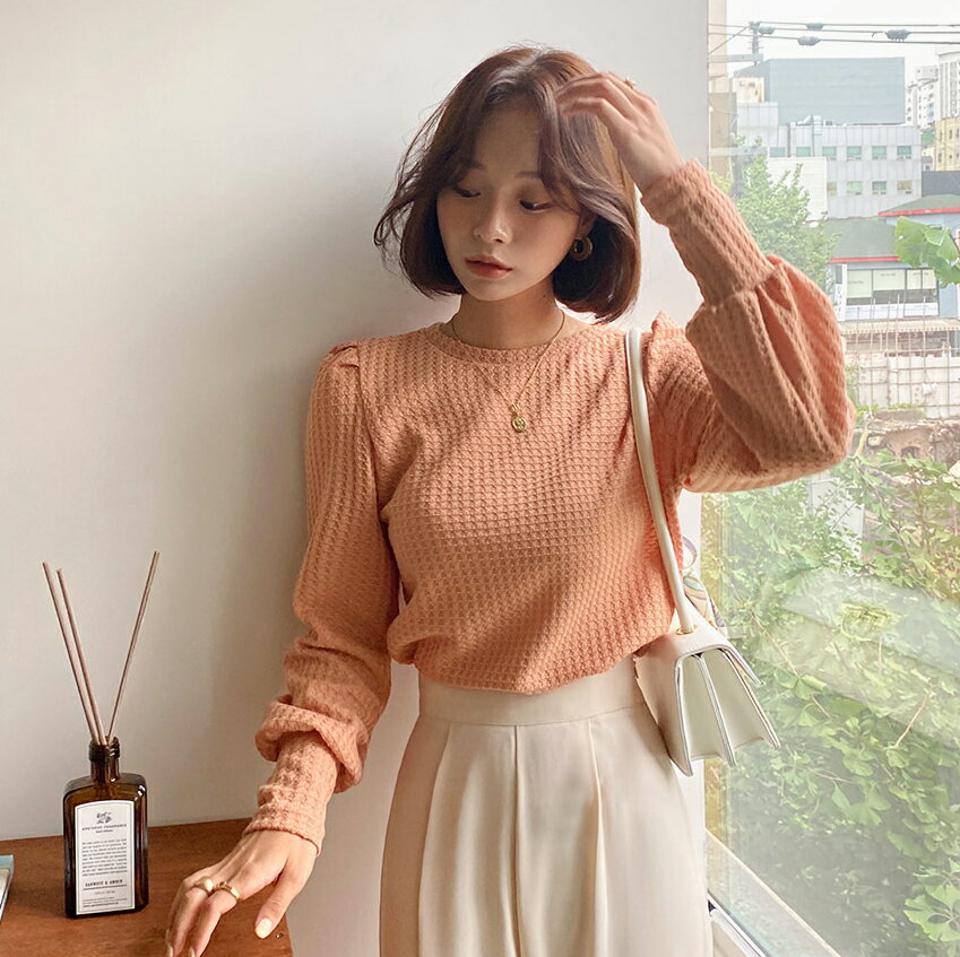 ワッフルパフスリーブTシャツ・全5色・t58022 レディース 【tops】韓国ファッション トップス Tシャツ 長袖 ラウンドネック シンプル スリム フィット ワッフル パフスリーブ ガーリー デイリー 体型カバー 細身 フェミニン 秋 春