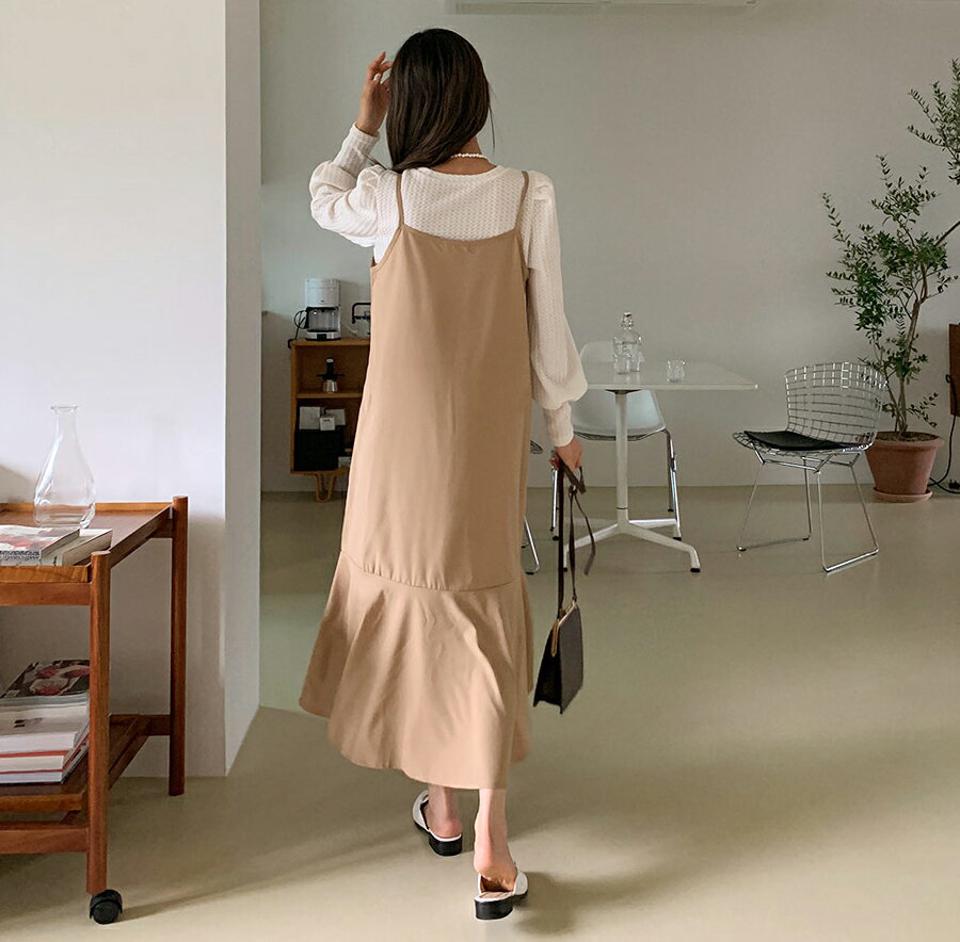2TYPEマーメイドノースリワンピース・全3色・b58032 レディース 【ops】韓国ファッション ワンピース ロングワンピース 大人 ノースリ Uネック マーメイド ロング丈 ドット 無地 シンプル フェミニン 体型カバー 秋 春