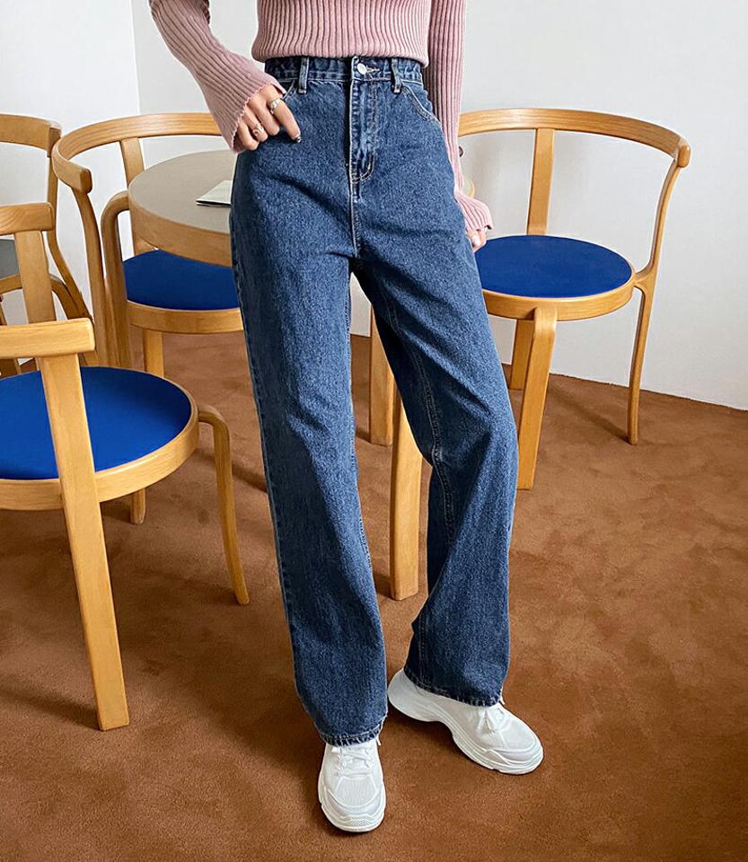 マスクストラップ付ロングストレートデニムパンツ・全2色・t58046 レディース 【pt】韓国ファッション ボトムス ロング ロングパンツ デニム ストレート ハイウエスト ロング丈 ストラップ 体型もカバー デイリー 美脚 足長 シンプル 秋 春243