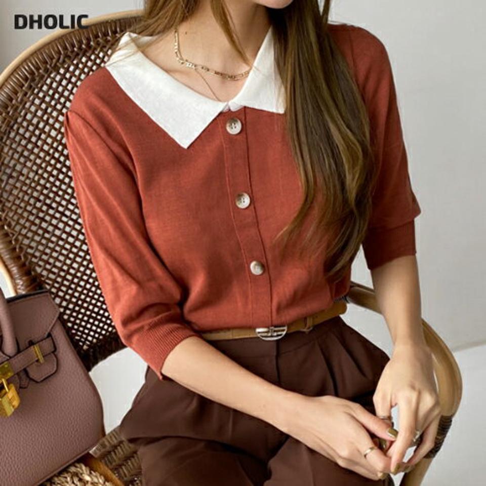 配色カラーボタンニット・全4色・b00228 レディース 【tops】トップス ニット 半袖 ハーフスリーブ ポロ襟 配色 大人 カジュアル 春 夏 韓国 ファッション ハイホリHIHOLLI