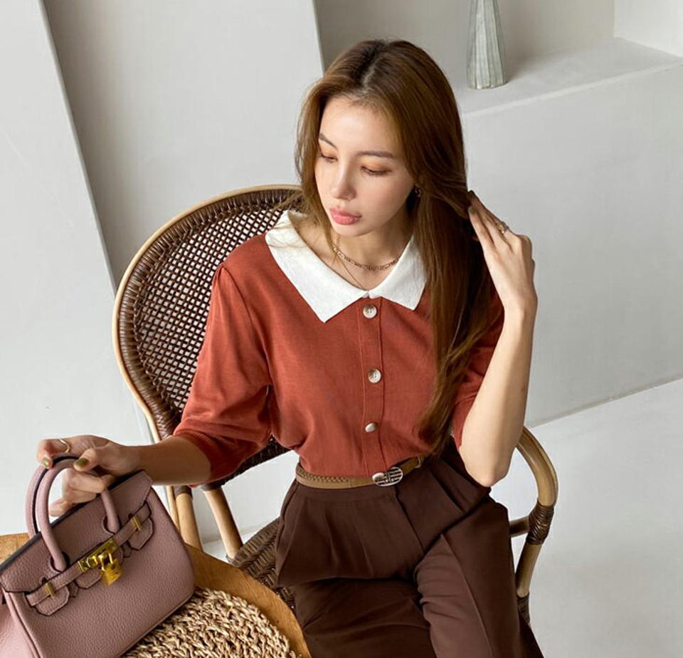 配色カラーボタンニット・全4色・b00228 レディース 【tops】トップス ニット 半袖 ハーフスリーブ ポロ襟 配色 大人 カジュアル 春 夏 韓国 ファッション ハイホリHIHOLLI