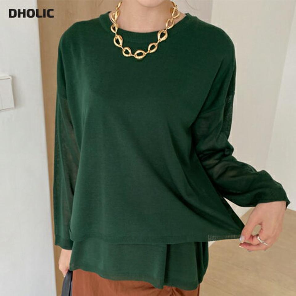ラウンドレイヤードへムニット・全3色・b00229 レディース 【tops】トップス ニット 年上 長袖 レイヤード風 単色 無地 シンプル カジュアル 大人 カラーニット インしない 緑 グリーン クリスマス 春 秋 韓国ファッション HIHOLLI