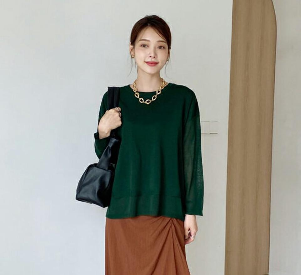 ラウンドレイヤードへムニット・全3色・b00229 レディース 【tops】トップス ニット 年上 長袖 レイヤード風 単色 無地 シンプル カジュアル 大人 カラーニット インしない 緑 グリーン クリスマス 春 秋 韓国ファッション HIHOLLI