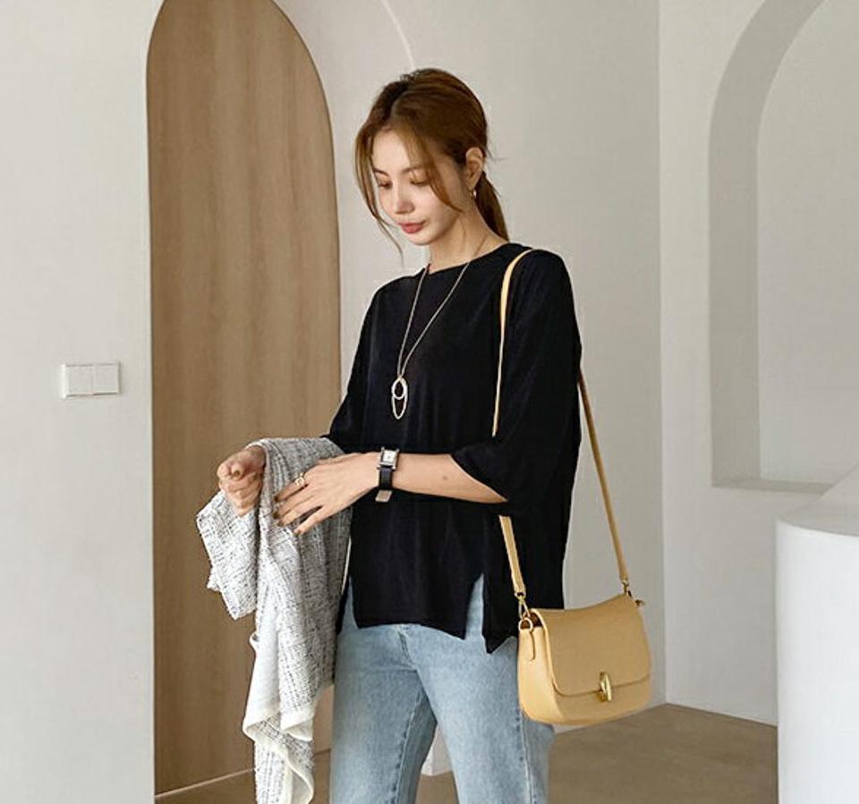 スリットへムルーズTシャツ・全4色・t00254 レディース 【tops】トップス Tシャツ 七分丈 七分袖 7分丈 7分袖 単色 無地 シンプル ベーシック カジュアル ラフ アンバランス 春 秋 韓国 ファッション ハイホリHIHOLLI