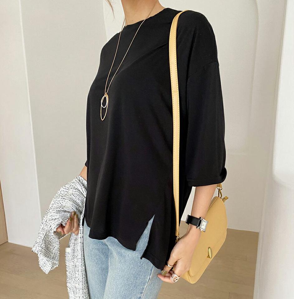 スリットへムルーズTシャツ・全4色・t00254 レディース 【tops】トップス Tシャツ 七分丈 七分袖 7分丈 7分袖 単色 無地 シンプル ベーシック カジュアル ラフ アンバランス 春 秋 韓国 ファッション ハイホリHIHOLLI