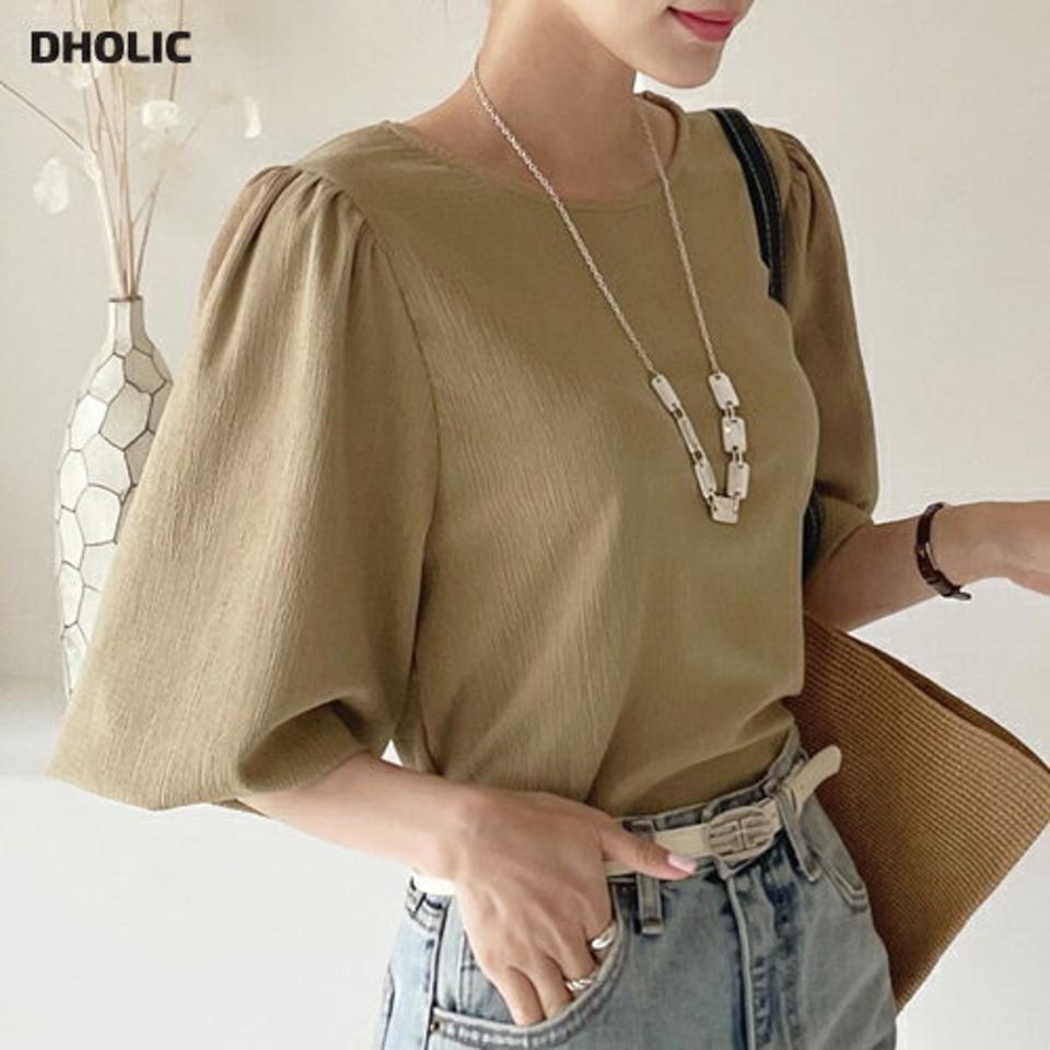 ラウンドバルーンブラウス・全3色・b00230 レディース 【bl】トップス ブラウス 七分丈 七分袖 7分丈 7分袖 バルーンスリーブ リンクル 単色 シンプル ゆったり 二の腕カバー 春 秋 韓国ファッション ハイホリHIHOLLI