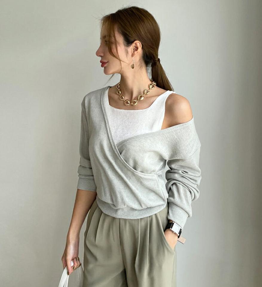 カシュクールTシャツ・全3色・t00231 レディース 【tops】トップス Tシャツ 長袖 カシュクール 単色 無地 シンプル カジュアル ユニーク 春 秋 韓国 ファッション ハイホリHIHOLLI