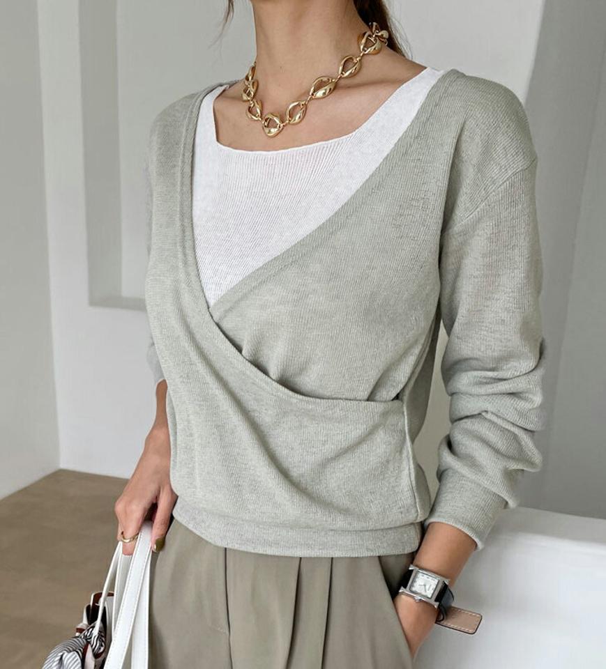 カシュクールTシャツ・全3色・t00231 レディース 【tops】トップス Tシャツ 長袖 カシュクール 単色 無地 シンプル カジュアル ユニーク 春 秋 韓国 ファッション ハイホリHIHOLLI