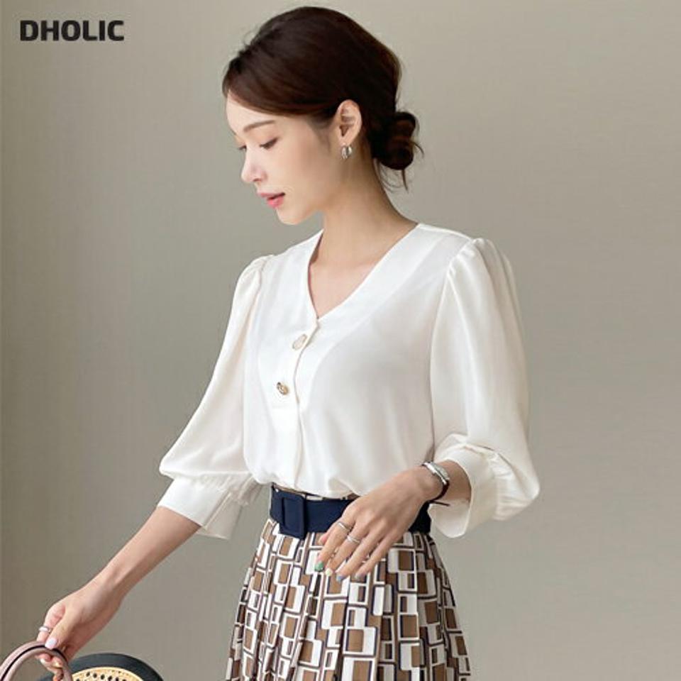 Vネックマルチボタンブラウス・全3色・t00232 レディース 【bl】トップス ブラウス 七分丈 七分袖 7分丈 7分袖 Vネック 大人 単色 無地 シンプル 上品 春 秋 韓国ファッション ハイホリHIHOLLI