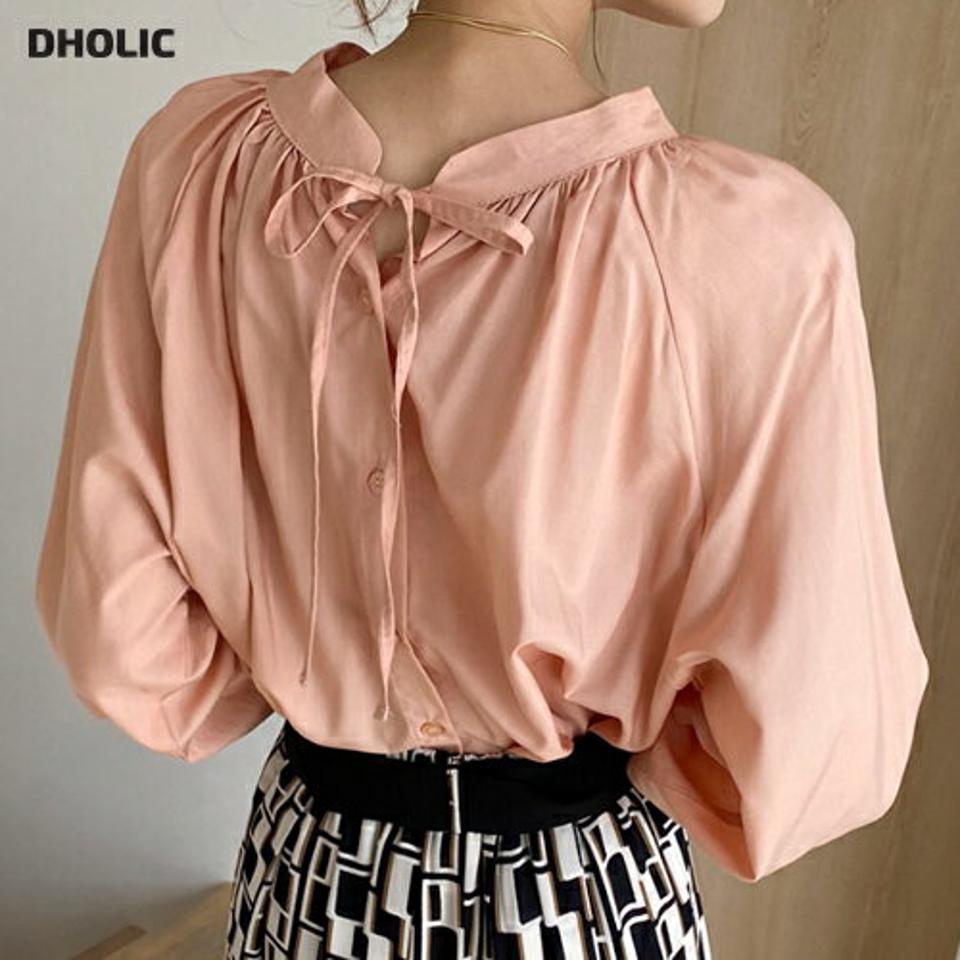 2WAYリボンバンドカラーブラウス・全5色・t00233 レディース 【bl】トップス ブラウス 長袖 バンドカラー りぼん 前後着用自由 ネックスリット ピンク ギャザー パステル 春 秋 韓国ファッション HIHOLLI