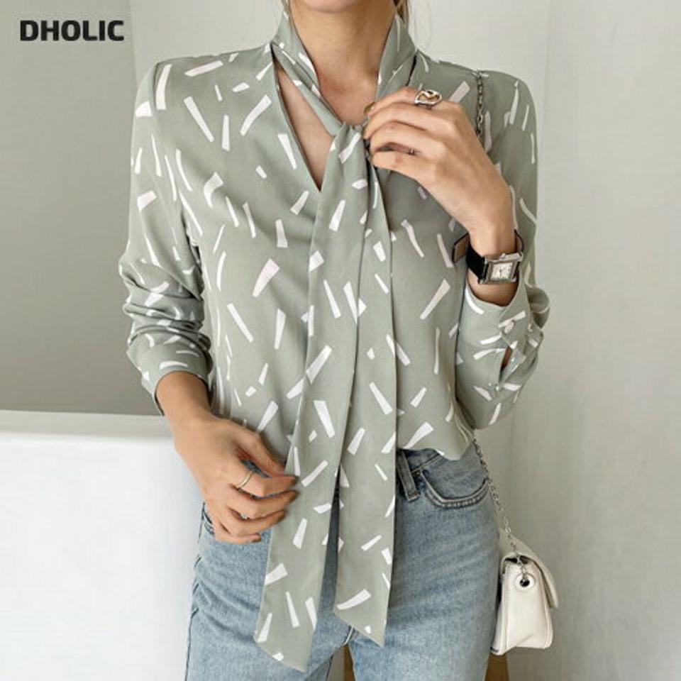 リボンVネックパターンブラウス・全3色・b00234 レディース 【bl】トップス ブラウス 長袖 Vネック りぼん 総柄 モダン 大人 春 秋 韓国 ファッション ハイホリHIHOLLI