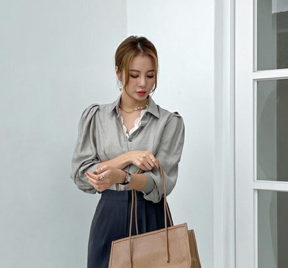 パフスリーブシャツブラウス・全3色・t00235 レディース 【bl】トップス シャツブラウス 長袖 ブラウス パフスリーブ パフ袖 ゆったり 上品 大人 きれいめ 春 秋 韓国ファッション ハイホリHIHOLLI