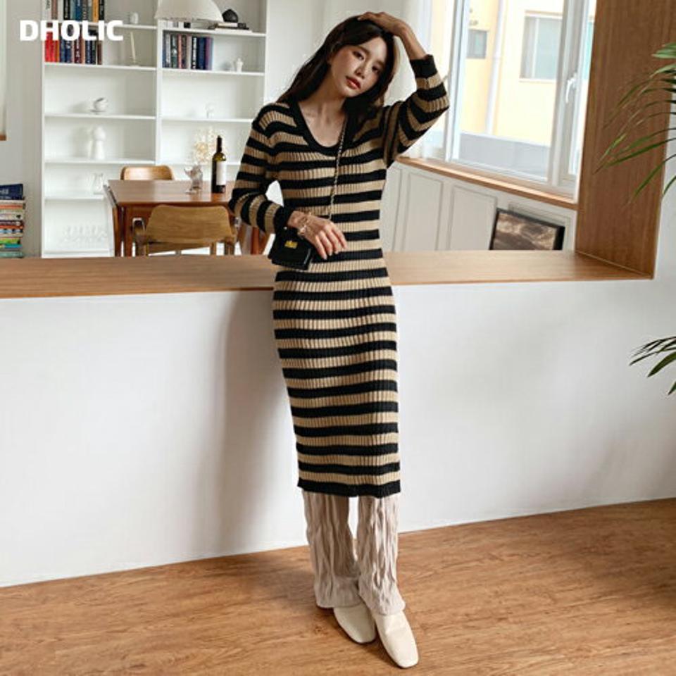 2TYPEニットロングワンピース・全3色・b62731 レディース 【ops】韓国ファッション ワンピース ロング ロングワンピース 長袖 ニット ボーダー 無地 2TYPE Vネック リブ 体型カバー 細身 スリム フィット タイト 秋 春
