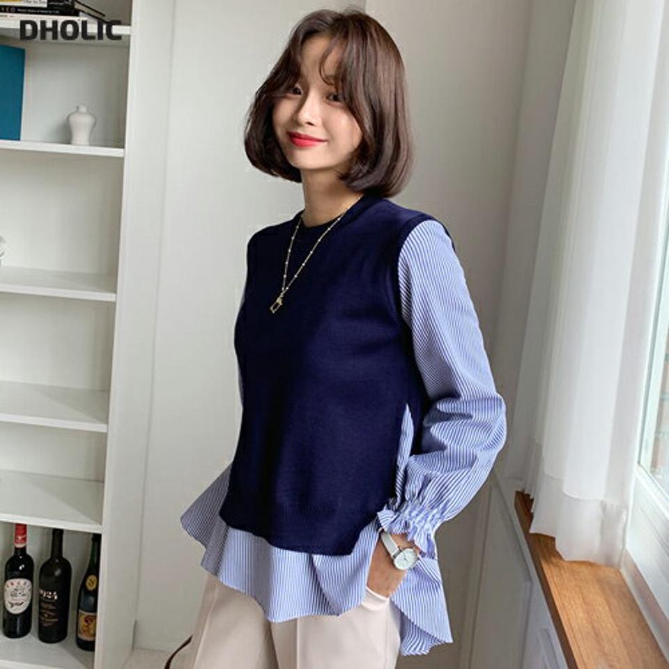 ニットベスト&ストライプブラウスSET・全2色・b62722 レディース 【bl】韓国ファッション トップス ブラウス 長袖 大人 ルーズ ゆったり ストライプ ベスト レイヤード風 異素材 アンバランス フレア ラウンドネック カジュアル 秋 春 年上