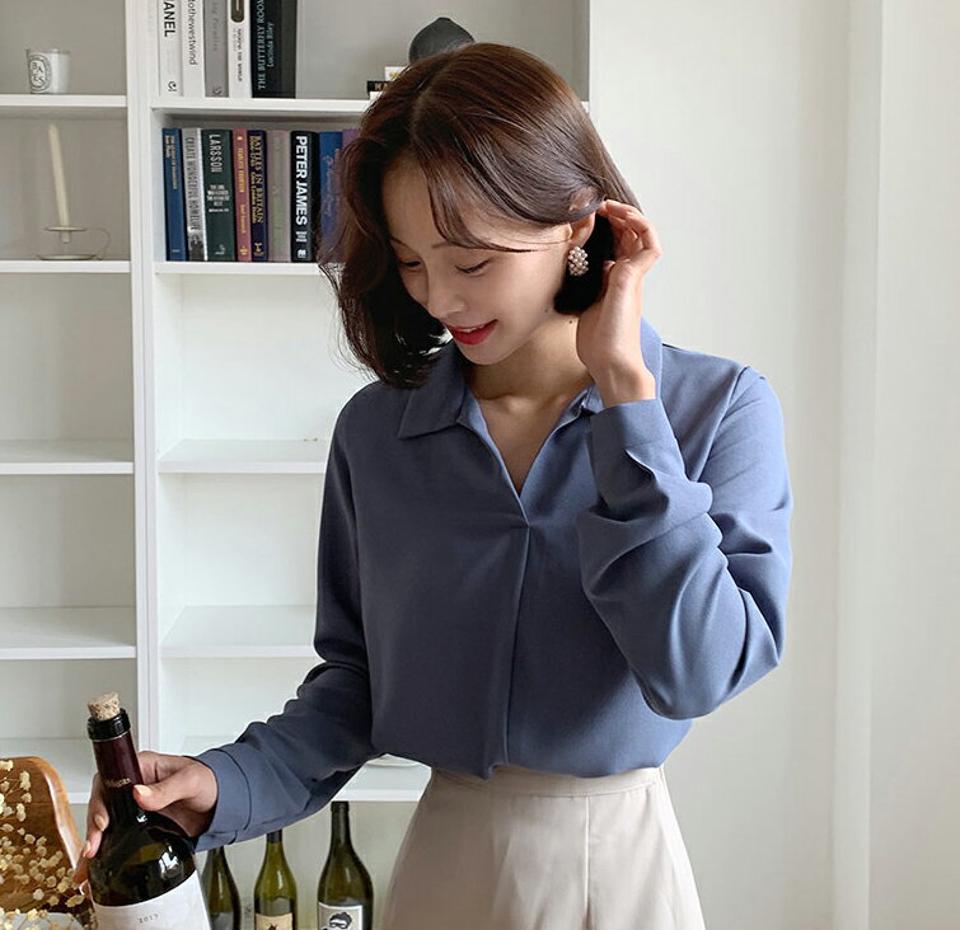 【スーパーセール特価】オープンカラーブラウス・全6色・b62712 レディース 【bl】韓国ファッション トップス ブラウス 長袖 大人 上品 カラーネック Vネック プルオーバータイプ オフィスカジュアル カジュアル 秋 春