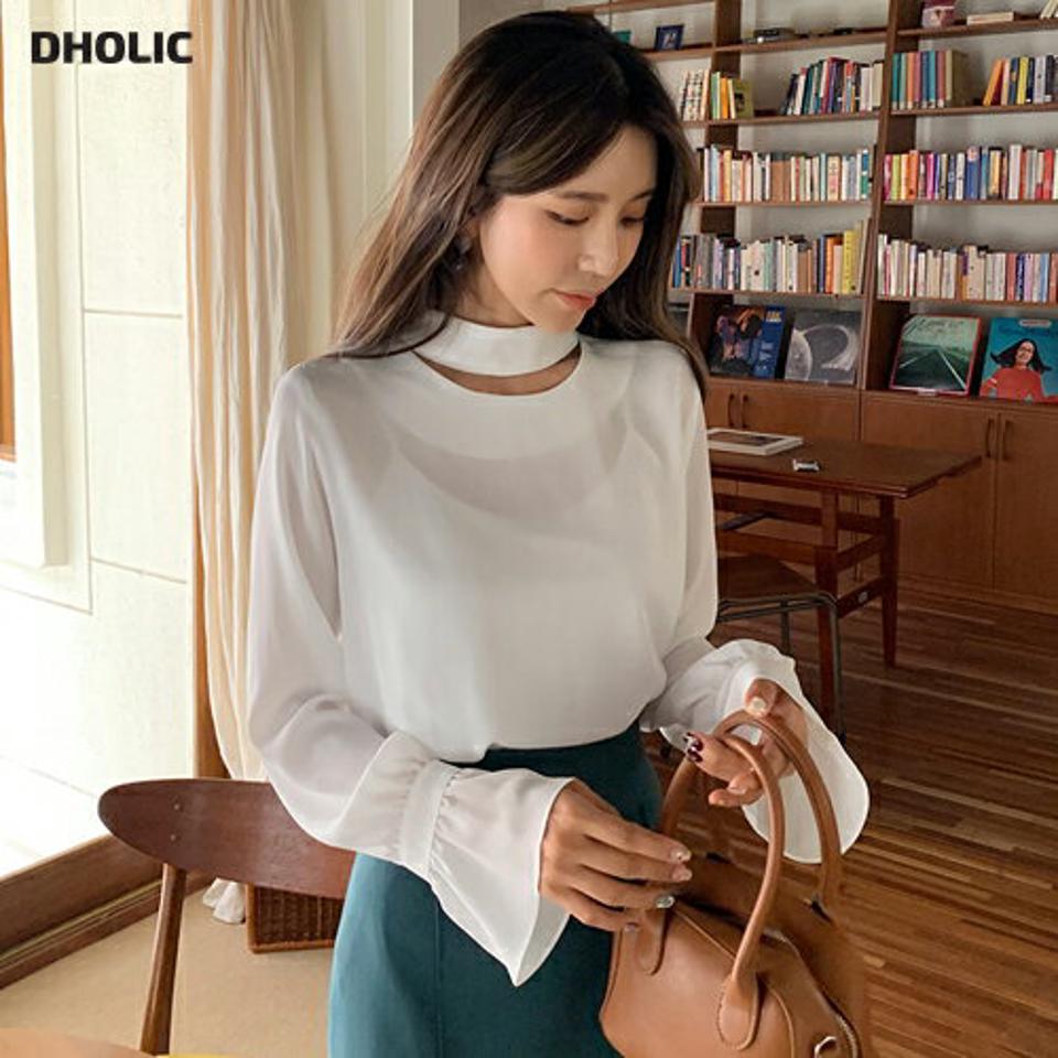 スリットハーフネックブラウス・全3色・b62715 レディース 【bl】韓国ファッション トップス ブラウス 長袖 大人 ハーフネック 上品 スリット セクシー フレア ギャザー オフィスカジュアル カジュアル 秋 春