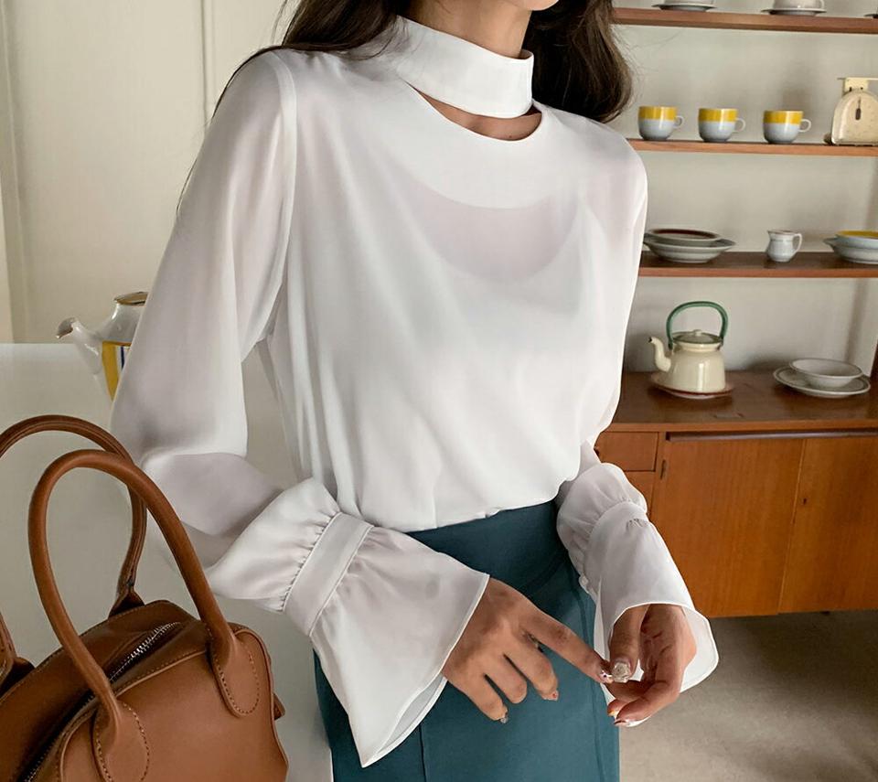 スリットハーフネックブラウス・全3色・b62715 レディース 【bl】韓国ファッション トップス ブラウス 長袖 大人 ハーフネック 上品 スリット セクシー フレア ギャザー オフィスカジュアル カジュアル 秋 春