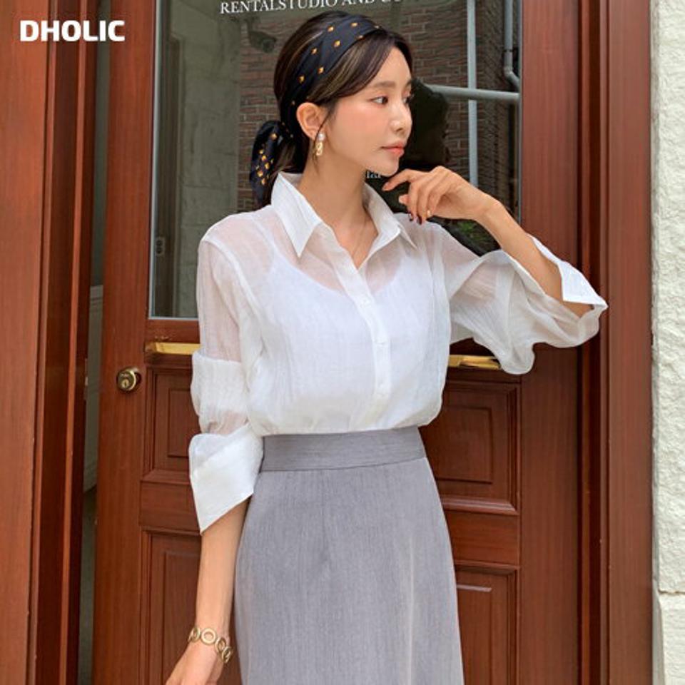 リンクルクロップドシアーシャツ・全4色・t62713 レディース 【bl】韓国 ファッション トップス シャツ 長袖 大人 上品 リンクル カラーネック ポロ襟 透け感 クロップド丈 オフィスカジュアル カジュアル 秋 春