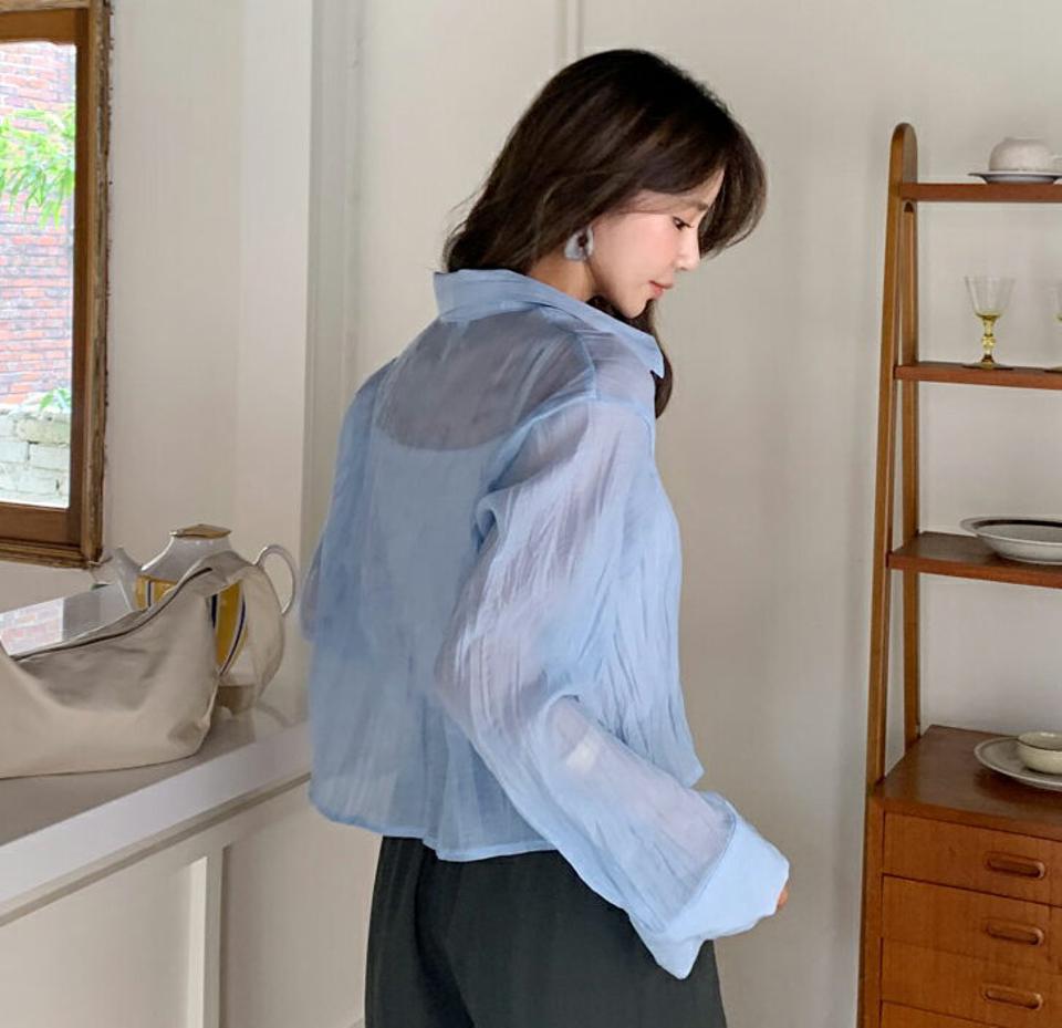 リンクルクロップドシアーシャツ・全4色・t62713 レディース 【bl】韓国 ファッション トップス シャツ 長袖 大人 上品 リンクル カラーネック ポロ襟 透け感 クロップド丈 オフィスカジュアル カジュアル 秋 春