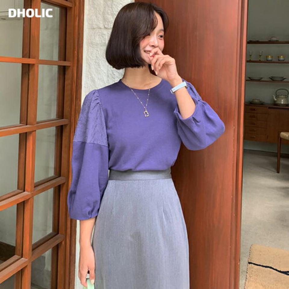 レースパフスリーブTシャツ・全3色・b62726 レディース 【tops】韓国 ファッション トップス Tシャツ 長袖 シンプル パフ アイレットレース ギャザー ラウンドネック レース スリム ベーシック デイリー 体型カバー 細身 フェミニン 秋 春