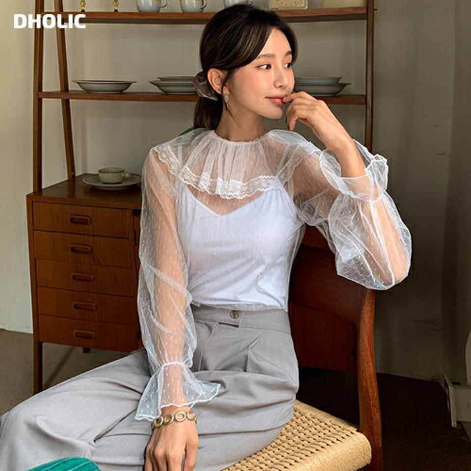 レースカラーシースルーブラウス・全2色・b62710 レディース 【bl】韓国 ファッション トップス ブラウス 長袖 大人 上品 カラーネック レース ドット シースルー フレア 透け感 カジュアル 秋 春