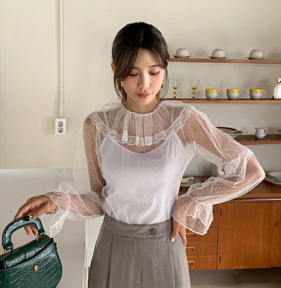 レースカラーシースルーブラウス・全2色・b62710 レディース 【bl】韓国 ファッション トップス ブラウス 長袖 大人 上品 カラーネック レース ドット シースルー フレア 透け感 カジュアル 秋 春