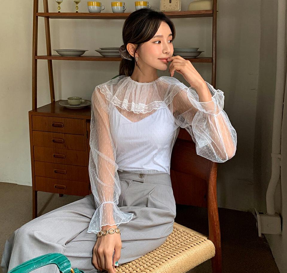 レースカラーシースルーブラウス・全2色・b62710 レディース 【bl】韓国 ファッション トップス ブラウス 長袖 大人 上品 カラーネック レース ドット シースルー フレア 透け感 カジュアル 秋 春