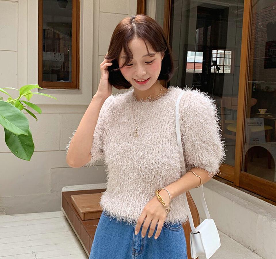 テクスチャー半袖ニット・全3色・b62716 レディース 【tops】韓国ファッション トップス ニット 年上 半袖 スリム テクスチャー ファー ラウンドネック 夏 大人 シンプル フィット タイト もこもこ 体型カーバー フェミニン 上品 秋 春