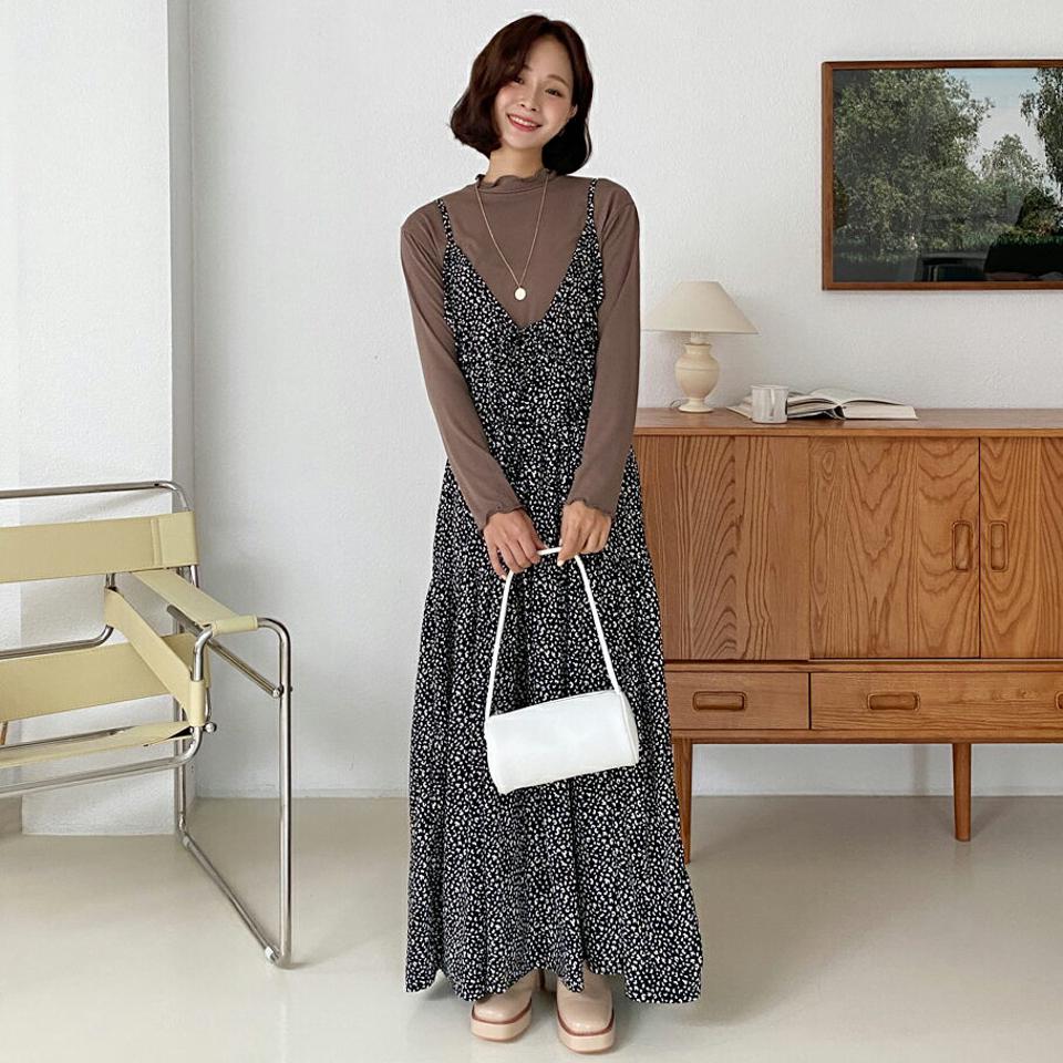2WAYレオパードキャミワンピース・全3色・b62713 レディース 【ops】韓国ファッション ワンピース ロングワンピース 大人 ロング丈 マキシ 長袖 Vネック レオパード キャミワンピース 2WAY ルーズ フェミニン 体型カバー 秋 春