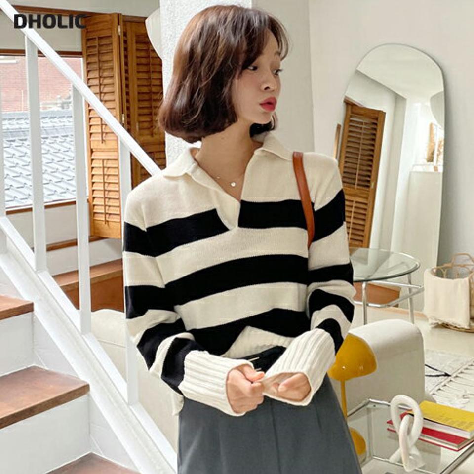 ボーダーカラーニット・全3色・t62688 レディース 【tops】韓国ファッション トップス ニット 大人 長袖 ボーダー カラーネック リブ スリット ポロ襟 体型カバー デイリー 細身 フェミニン 上品 秋 春