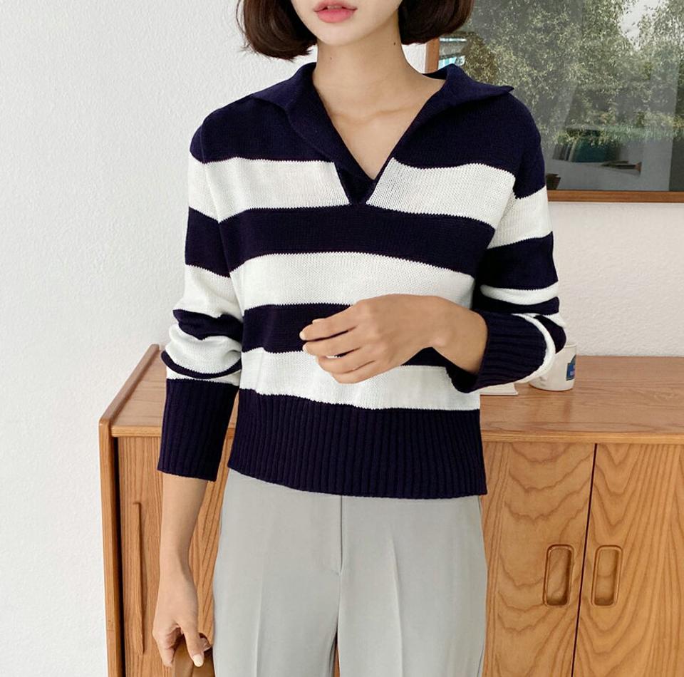 ボーダーカラーニット・全3色・t62688 レディース 【tops】韓国ファッション トップス ニット 大人 長袖 ボーダー カラーネック リブ スリット ポロ襟 体型カバー デイリー 細身 フェミニン 上品 秋 春
