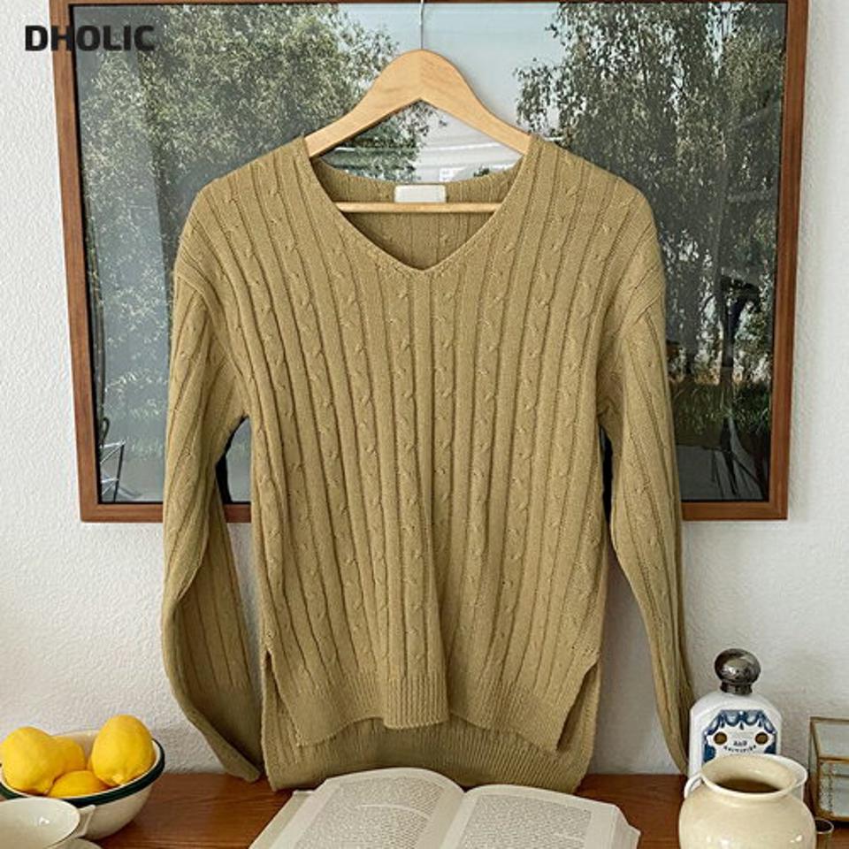 Vネックツイストニット・全4色・t62687 レディース 【tops】韓国ファッション トップス ニット 年上 大人 長袖 Vネック ツイスト リブ スリット スリム アンバランス デイリー フェミニン 上品 秋 春