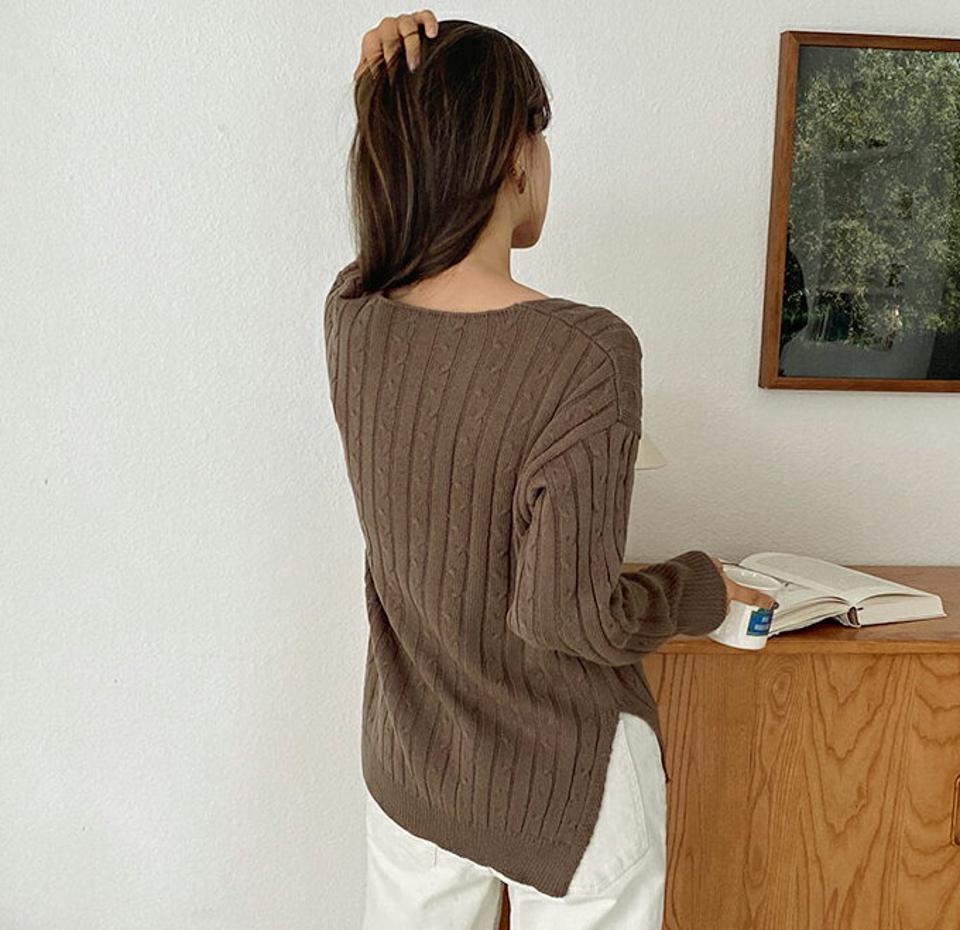 Vネックツイストニット・全4色・t62687 レディース 【tops】韓国ファッション トップス ニット 年上 大人 長袖 Vネック ツイスト リブ スリット スリム アンバランス デイリー フェミニン 上品 秋 春