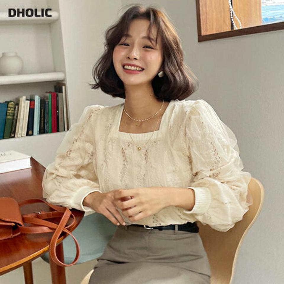 【10%OFF】レーススクエアネックブラウス・全3色・t62686 レディース 【bl】韓国ファッション トップス ブラウス 長袖 大人 スクエアネック シースルー レース ウェーブフリル ボタン ナチュラル 上品 シンプル フェミニン カジュアル 体型カバー 秋 春【blセール】