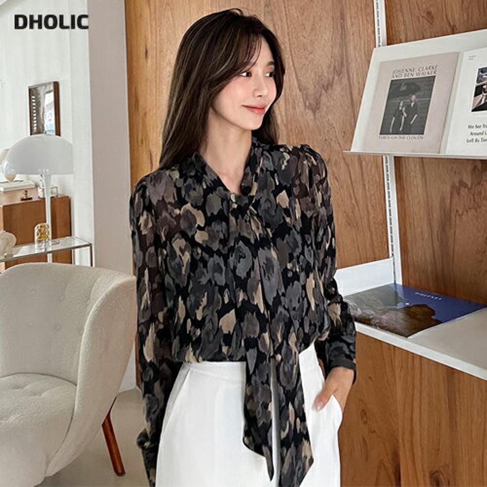 レオパードパターンリボンブラウス・全2色・b62710 レディース 【bl】韓国ファッション トップス ブラウス 長袖 大人 レオパード リボン ナチュラル カフス ボタン 上品 シンプル フェミニン カジュアル 体型カバー 秋 春