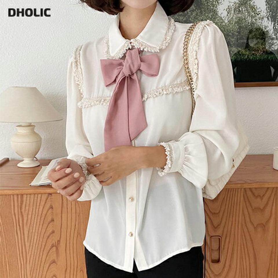 スカーフ付フリンジブラウス・全2色・t62684 レディース 【bl】韓国 ファッション トップス ブラウス 長袖 大人 カラーネック スカーフ 配色 2WAY ツイード パール ナチュラル 上品 シンプル フェミニン カジュアル 体型カバー 秋 春