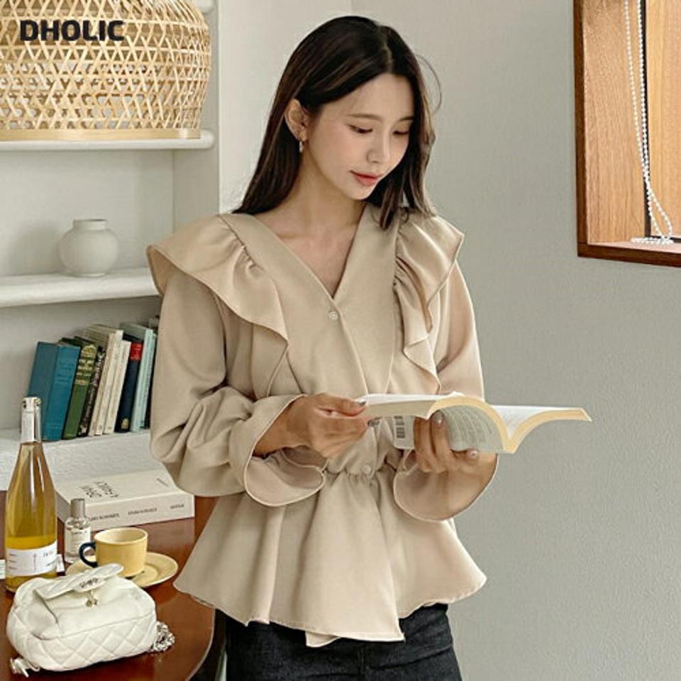 Vネックフリルブラウス・全3色・t62683 レディース 【bl】韓国ファッション トップス ブラウス 長袖 大人 Vネック フリル ゴム スリム ボタン 上品 シンプル フェミニン カジュアル ルーズ ゆったり インしないブラウス デコラティブ 秋 春