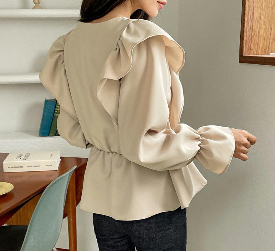 Vネックフリルブラウス・全3色・t62683 レディース 【bl】韓国ファッション トップス ブラウス 長袖 大人 Vネック フリル ゴム スリム ボタン 上品 シンプル フェミニン カジュアル ルーズ ゆったり インしないブラウス デコラティブ 秋 春