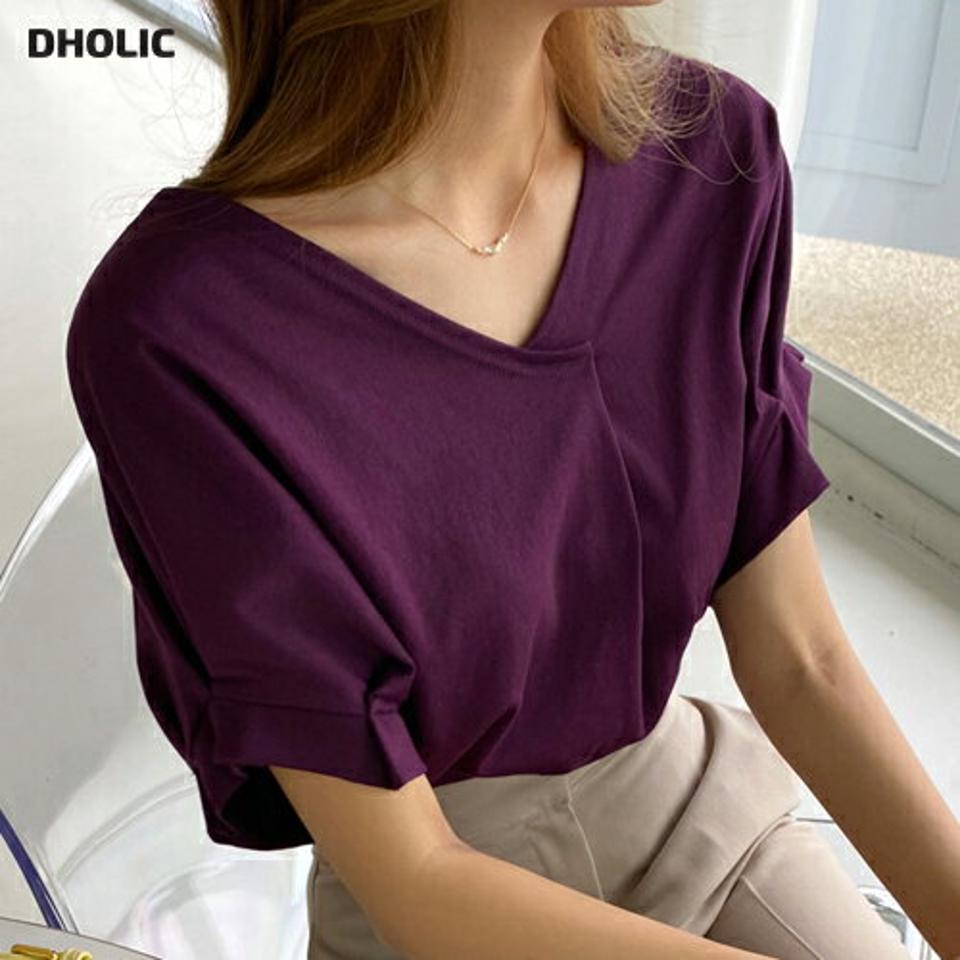 VネックタックTシャツ・全4色・t69798 レディース 【tops】トップス Tシャツ 半袖 タック Vネック 単色 無地 シンプル 大人 カジュアル Vネック ドルマンスリーブ 春 夏 韓国ファッション ハイホリHIHOLLI