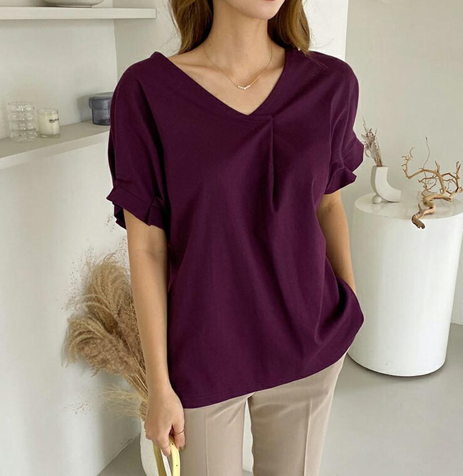 VネックタックTシャツ・全4色・t69798 レディース 【tops】トップス Tシャツ 半袖 タック Vネック 単色 無地 シンプル 大人 カジュアル Vネック ドルマンスリーブ 春 夏 韓国ファッション ハイホリHIHOLLI