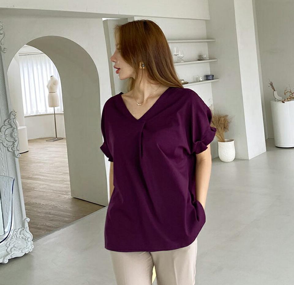 VネックタックTシャツ・全4色・t69798 レディース 【tops】トップス Tシャツ 半袖 タック Vネック 単色 無地 シンプル 大人 カジュアル Vネック ドルマンスリーブ 春 夏 韓国ファッション ハイホリHIHOLLI
