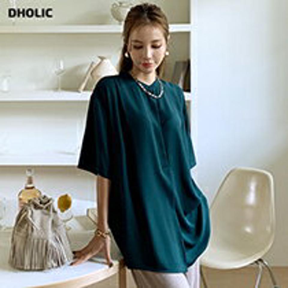 ハーフボタンブラウス・全3色・b69854 レディース 【bl】トップス ブラウス 半袖 ハーフスリーブ ハーフボタン 単色 無地 シンプル 大人 アンバランス バンドカラー ゆったり 春 夏 韓国 ファッション ハイホリHIHOLLI